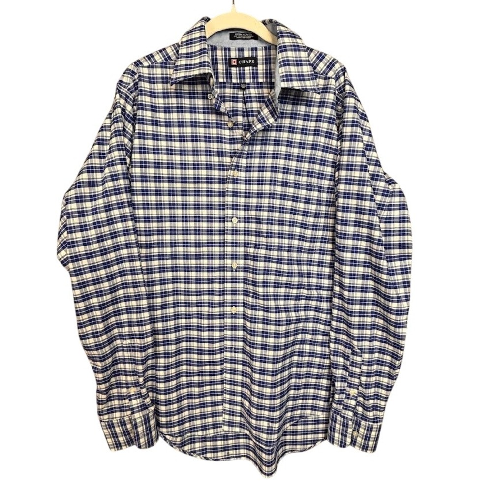 Chaps Mens Blue White Plaid Wrinkle Free Classic Fit Oxford Shirt 16-16.5 36/37
